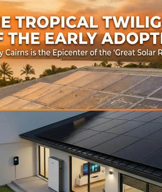 Rooftop solar panels glow at sunset over Cairns homes, a Far North QLD solar hub, with text spotlighting a 2026 battery rebate.