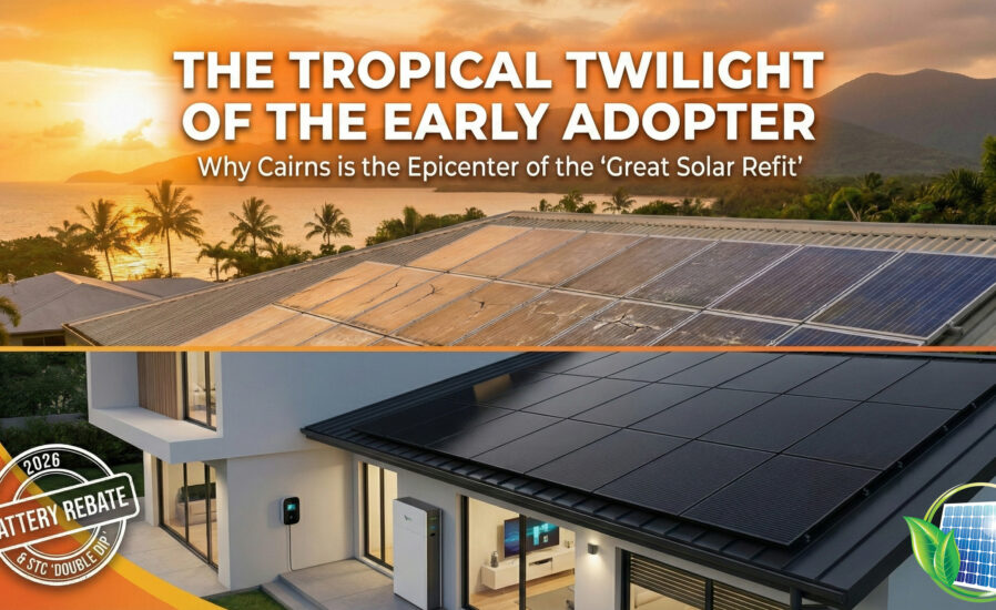 Rooftop solar panels glow at sunset over Cairns homes, a Far North QLD solar hub, with text spotlighting a 2026 battery rebate.