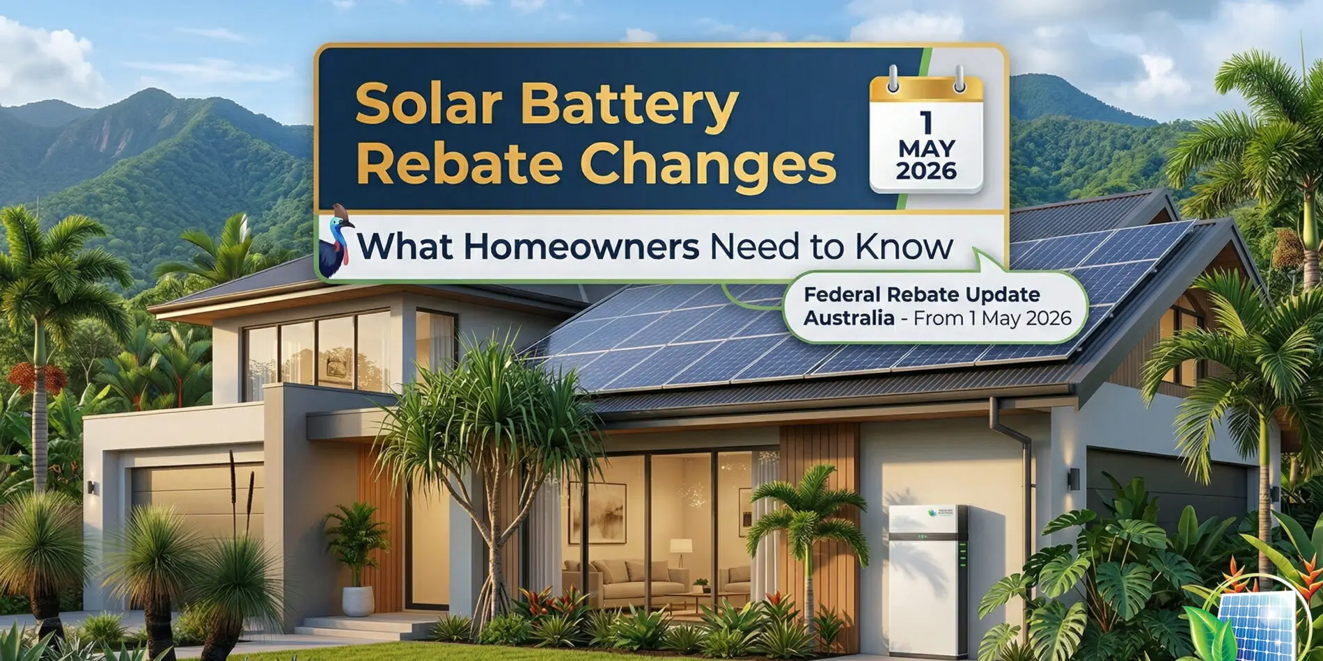 Modern house with solar panels and a battery amid lush greenery in Cairns. Text overlay notes solar battery rebate changes from May 2026 in Australia.