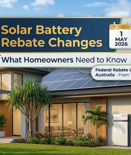 Modern house with solar panels and a battery amid lush greenery in Cairns. Text overlay notes solar battery rebate changes from May 2026 in Australia.