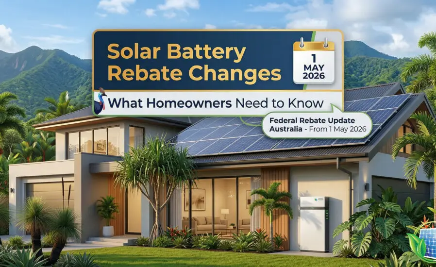 Modern house with solar panels and a battery amid lush greenery in Cairns. Text overlay notes solar battery rebate changes from May 2026 in Australia.