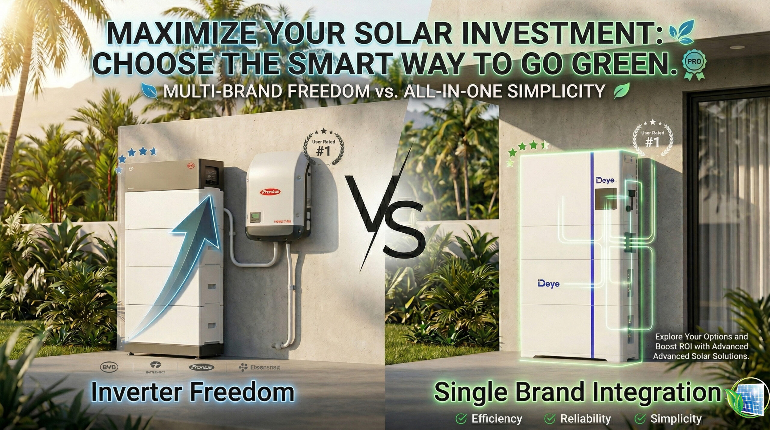Comparison graphic showing Deye and BYD modular battery/inverter systems vs a single-brand integrated solar system for Cairns homes.