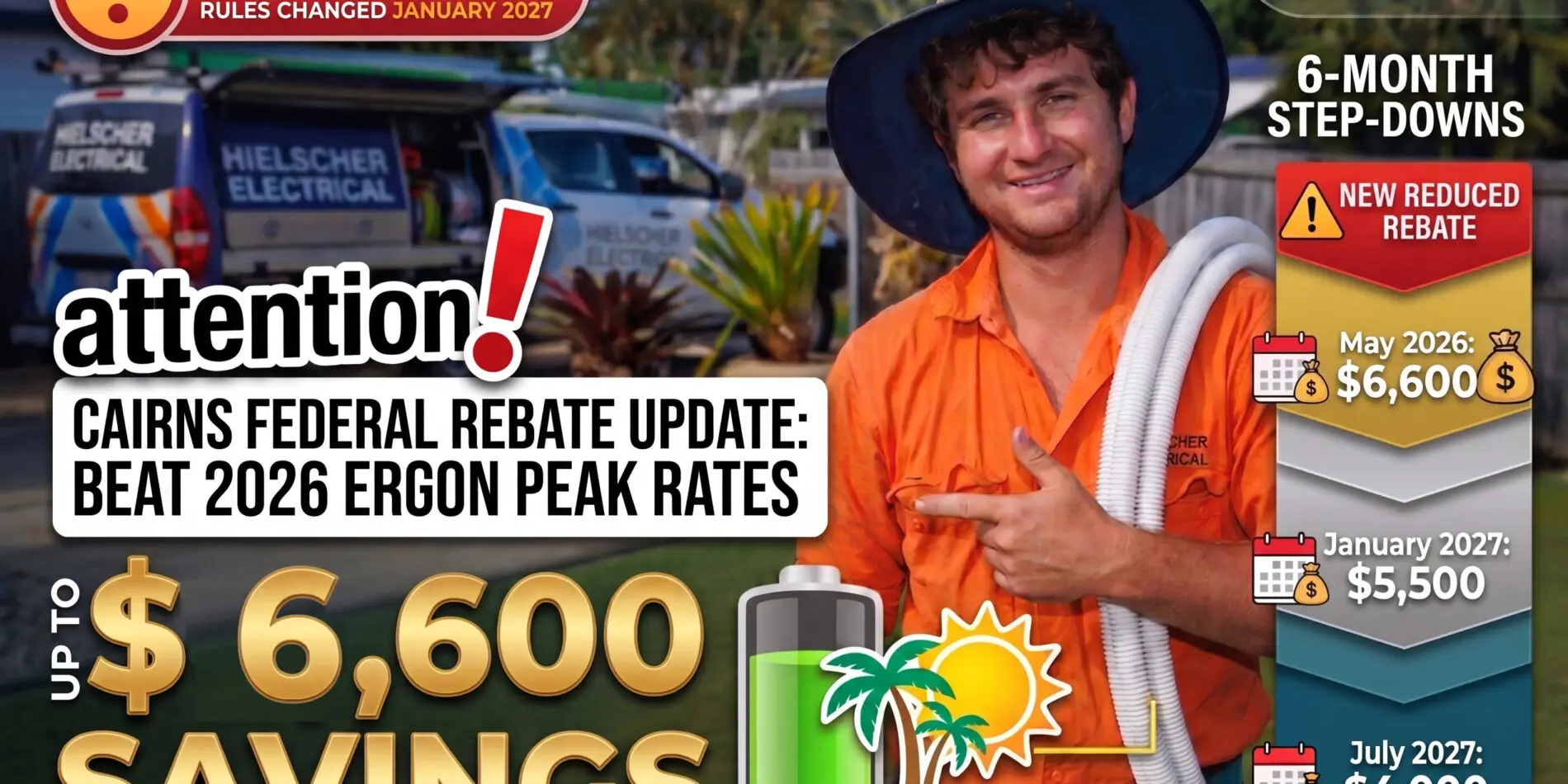 Federal Solar Battery Rebate Cairns 2026 Beat Ergon Peak Rates - Hielscher Electrical