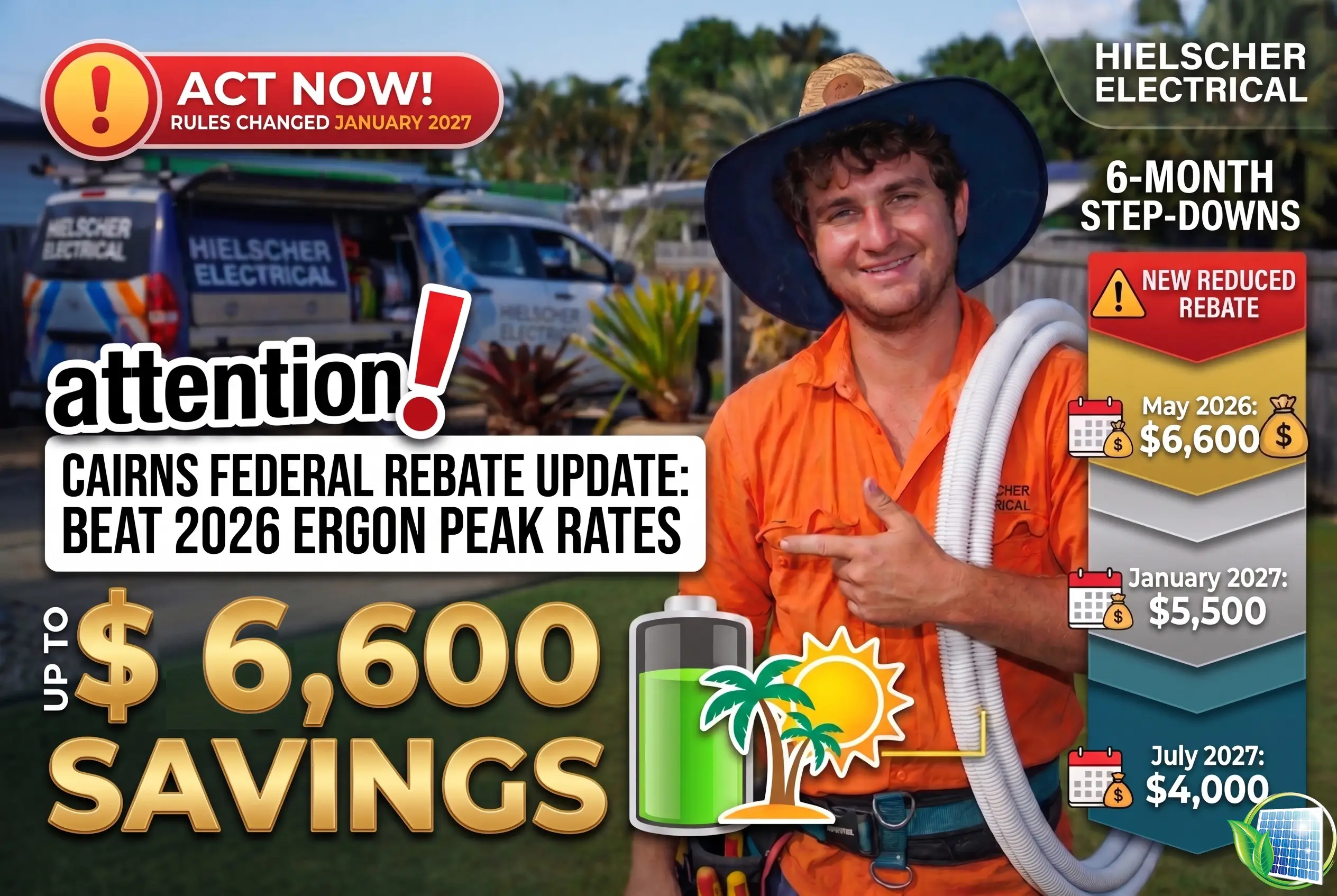 Federal Solar Battery Rebate Cairns 2026 Beat Ergon Peak Rates - Hielscher Electrical