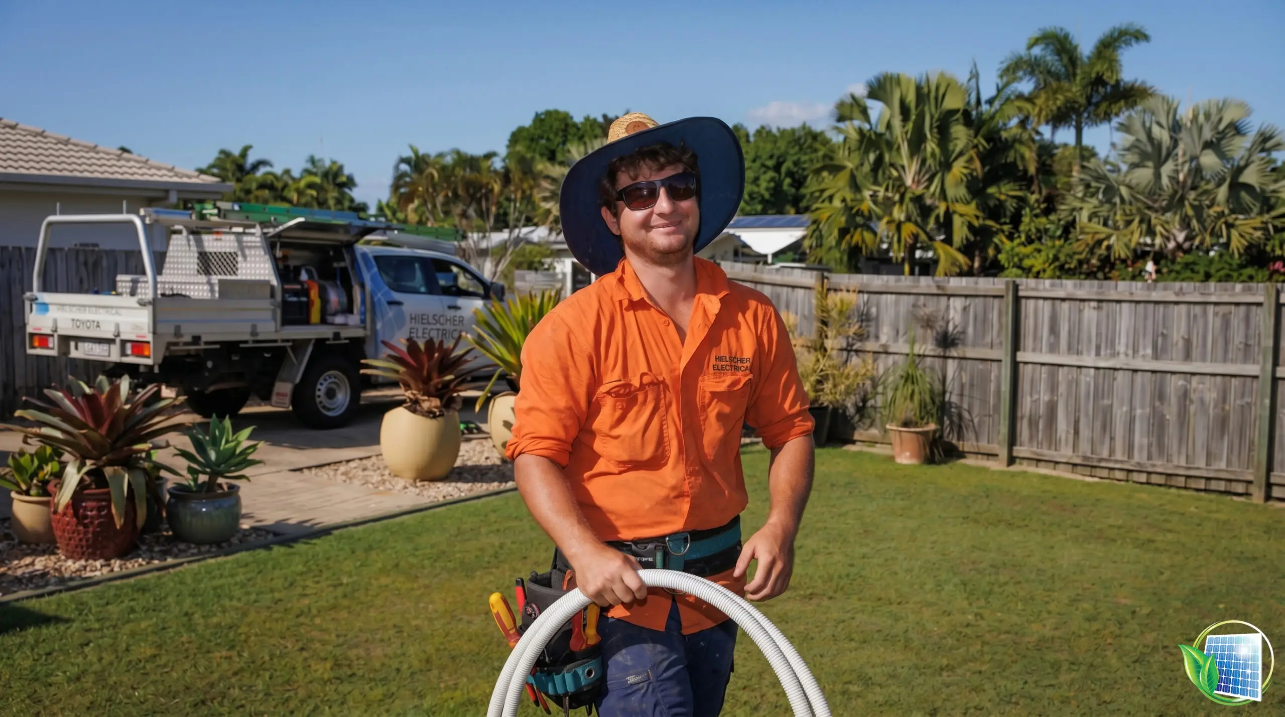 A Hielscher Electrical Cairns electrician in an orange shirt and hat waters a Cairns lawn, with ute and tropical plants behind—showing Ergon Peak Rate savings.