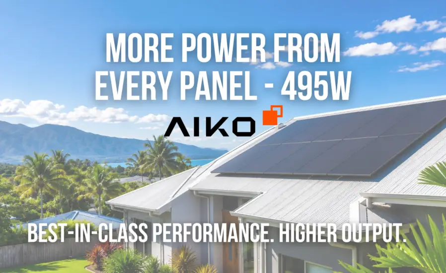 A home in Far North Queensland, such as Cairns or a nearby suburb, featuring AIKO 495W Solar Panels installed on the roof. Lush palm trees and distant mountains set the tropical backdrop, with text highlighting these panels’ high performance and exceptional energy output for local conditions.