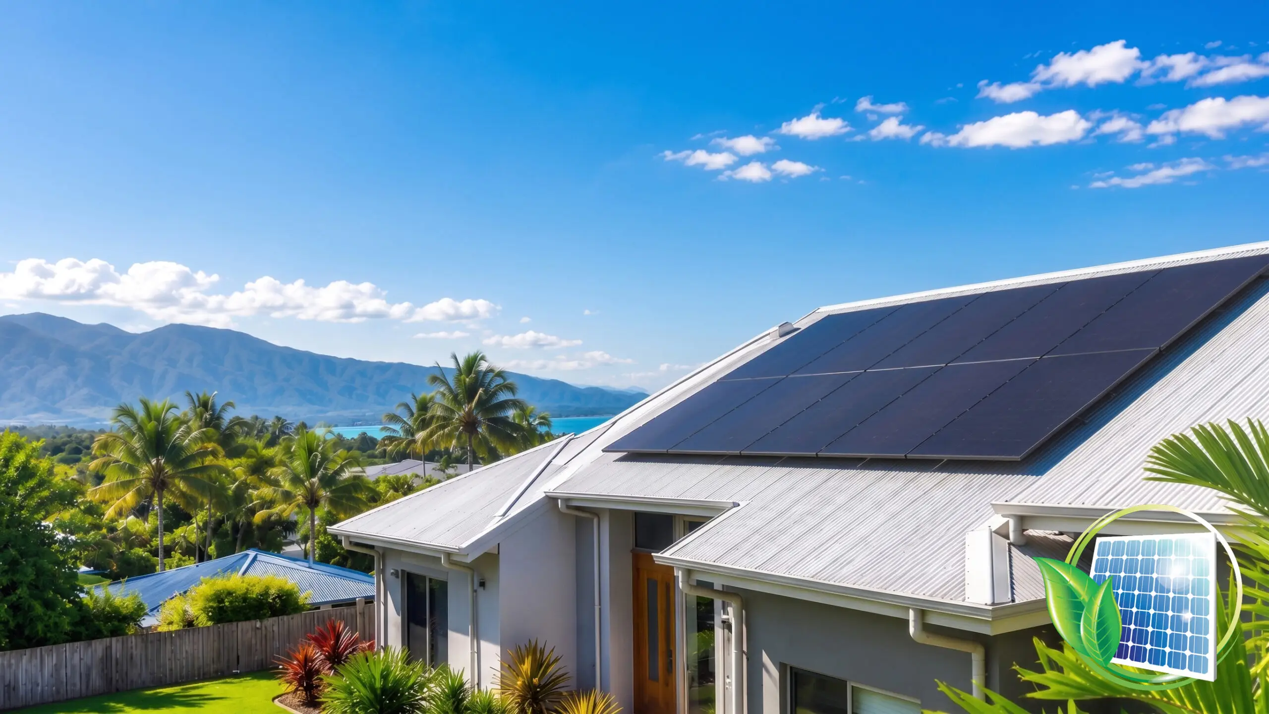 Contemporary home in Cairns with AIKO 495W solar panels installed on the roof, nestled among lush tropical plants, with mountain ranges and a clear blue sky visible in the backdrop. A solar energy icon appears in the lower right corner, highlighting advanced solar power solutions available throughout Far North Queensland.