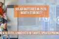 Hielscher Electrical Electrician installs a solar battery system in a Cairns home. Text on the image says: “Solar Batteries in 2026: Worth it or not? New rebates for Far North Queensland. Lower feed-in tariffs. Updated pricing, plus changes to Ergon Energy Cairns and regional FNQ tariffs in 2026.” A digital battery graphic is displayed on the right side.