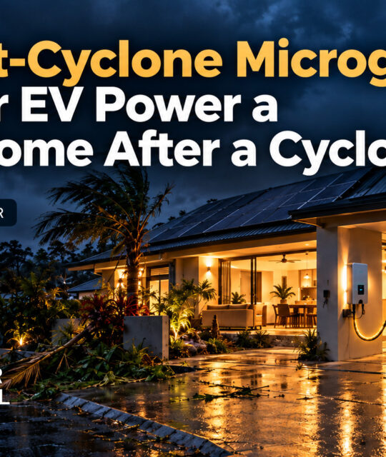 Far North Queensland suburb at night after a storm, featuring a white electric vehicle charging in the carport, with text overlay titled “The Post-Cyclone Microgrid” and Hielscher Electrical.