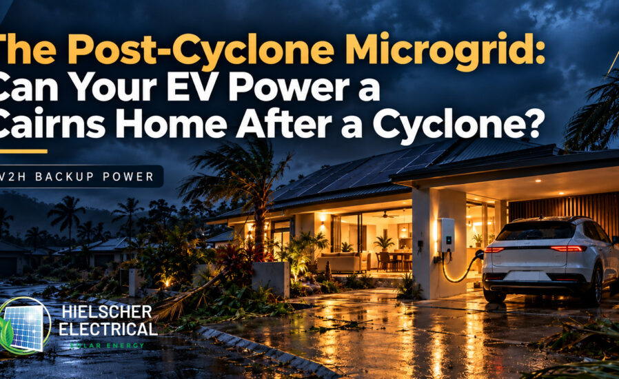 Far North Queensland suburb at night after a storm, featuring a white electric vehicle charging in the carport, with text overlay titled “The Post-Cyclone Microgrid” and Hielscher Electrical.